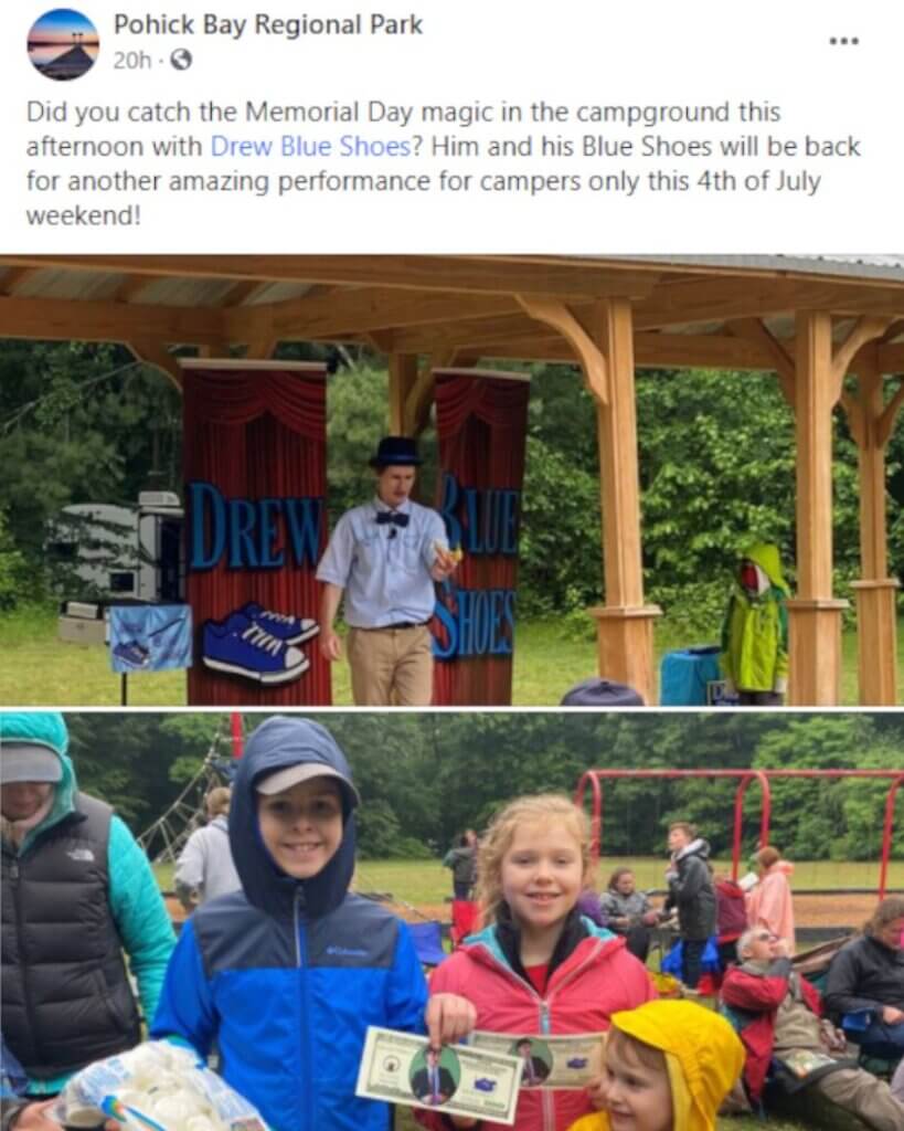 drew blue shoes magician social media kids campground magic show